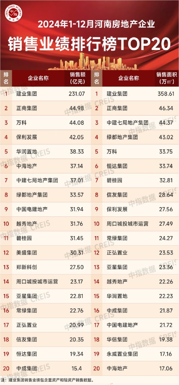 拓普集团 河南省2024年房地产企业销售业绩TOP20出炉
